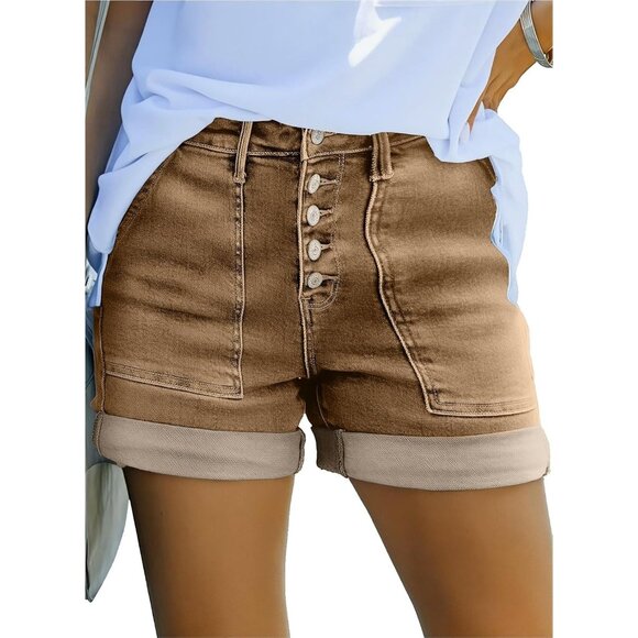 Women's Brown High Waisted Stretchy Buttoned Folded Denim Jeans Shorts - Picture 1 of 6